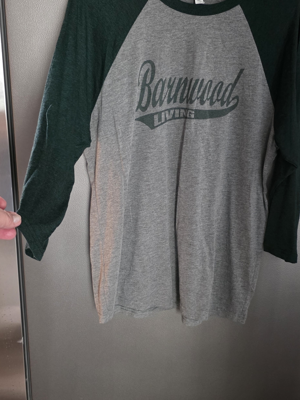 Bella Canvas Gray & Dark Green Raglan Tee with Barnwood Logo